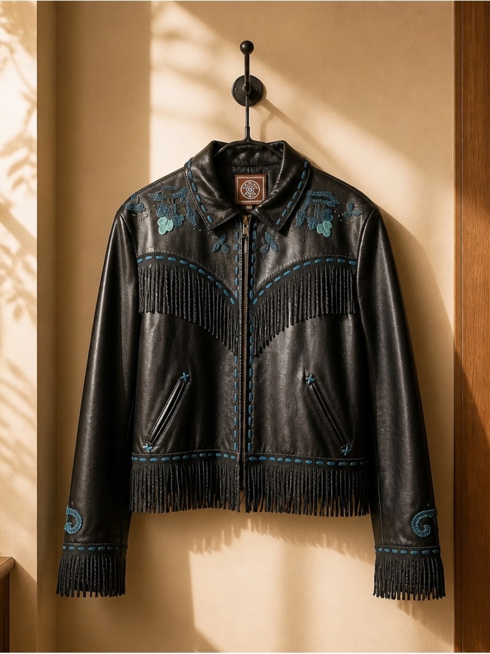 Double D Wear Leather Fringe Jacket, EXTENSIVE Embroidery & Suede Trim. XL